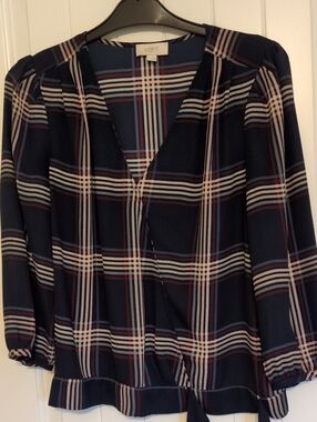 LOFT Navy Plaid Wrap Blouse with Cream and Burgundy Stripes